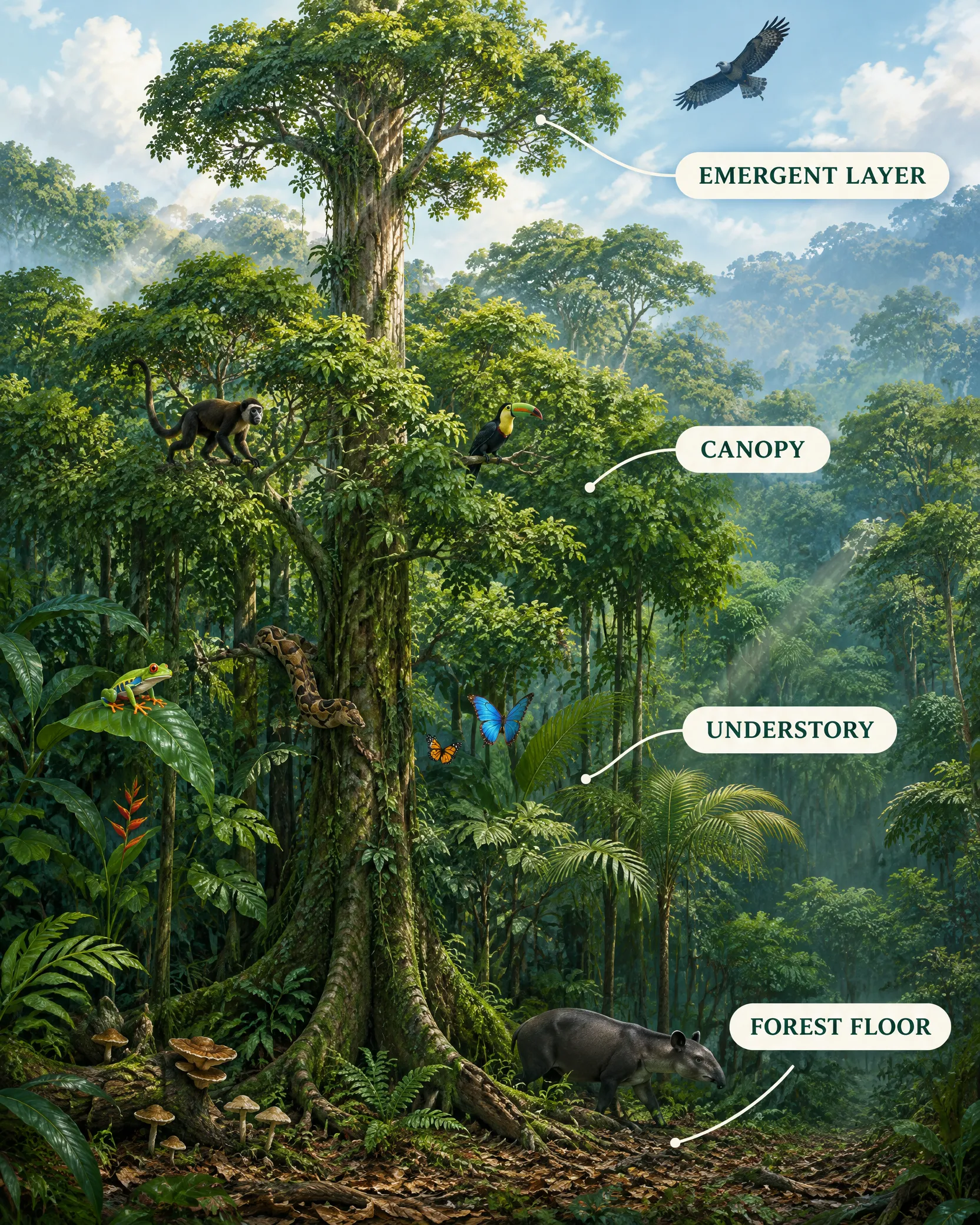 Original educational illustration showing the emergent layer, canopy, understory, and forest floor of a Nicaraguan tropical rainforest